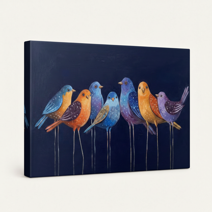 Gallery-wrapped canvas featuring whimsical colorful birds, angled view showing wrapped edges on white background