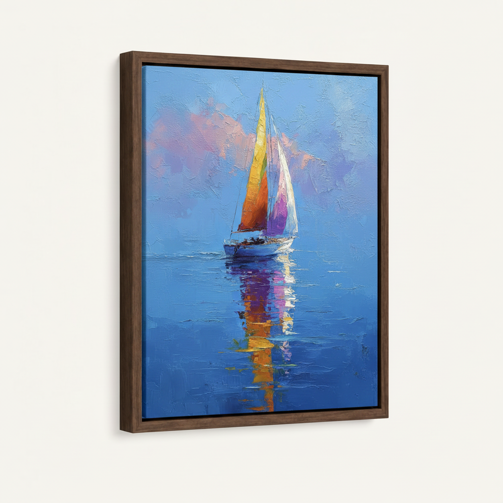 Sailboat impasto painting in dark walnut float frame angled product shot on clean white background