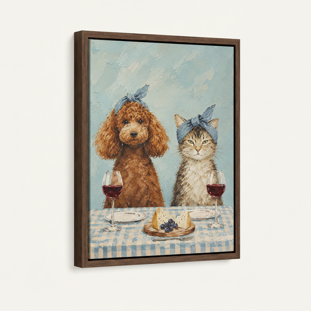 Float framed canvas print of poodle and cat painting on clean white background