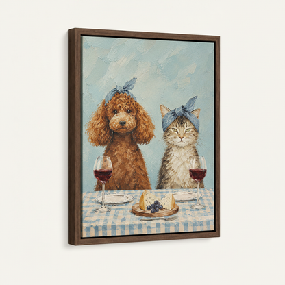 Float framed canvas print of poodle and cat painting on clean white background