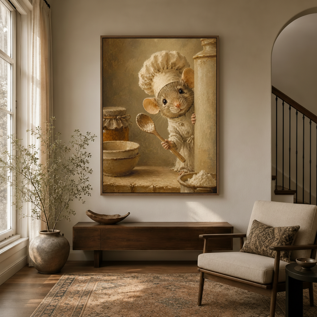 Antique mouse chef cottage kitchen canvas in float frame above dark walnut entryway credenza, warm light