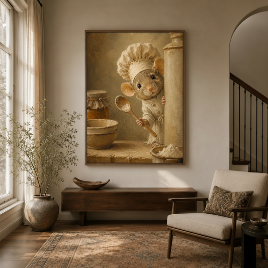 Antique mouse chef cottage kitchen canvas in float frame above dark walnut entryway credenza, warm light