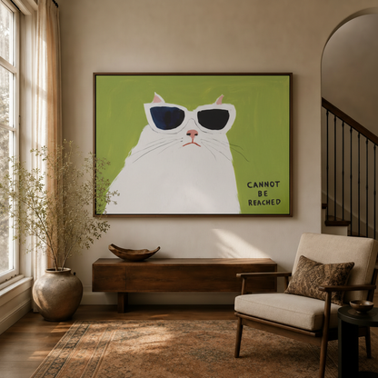 Quirky white cat sunglasses canvas wall art framed in entryway with staircase and armchair