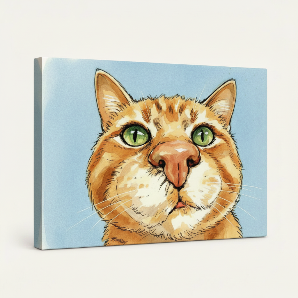Gallery-wrapped canvas of orange tabby cat comic portrait, side angle showing painted wrap edges