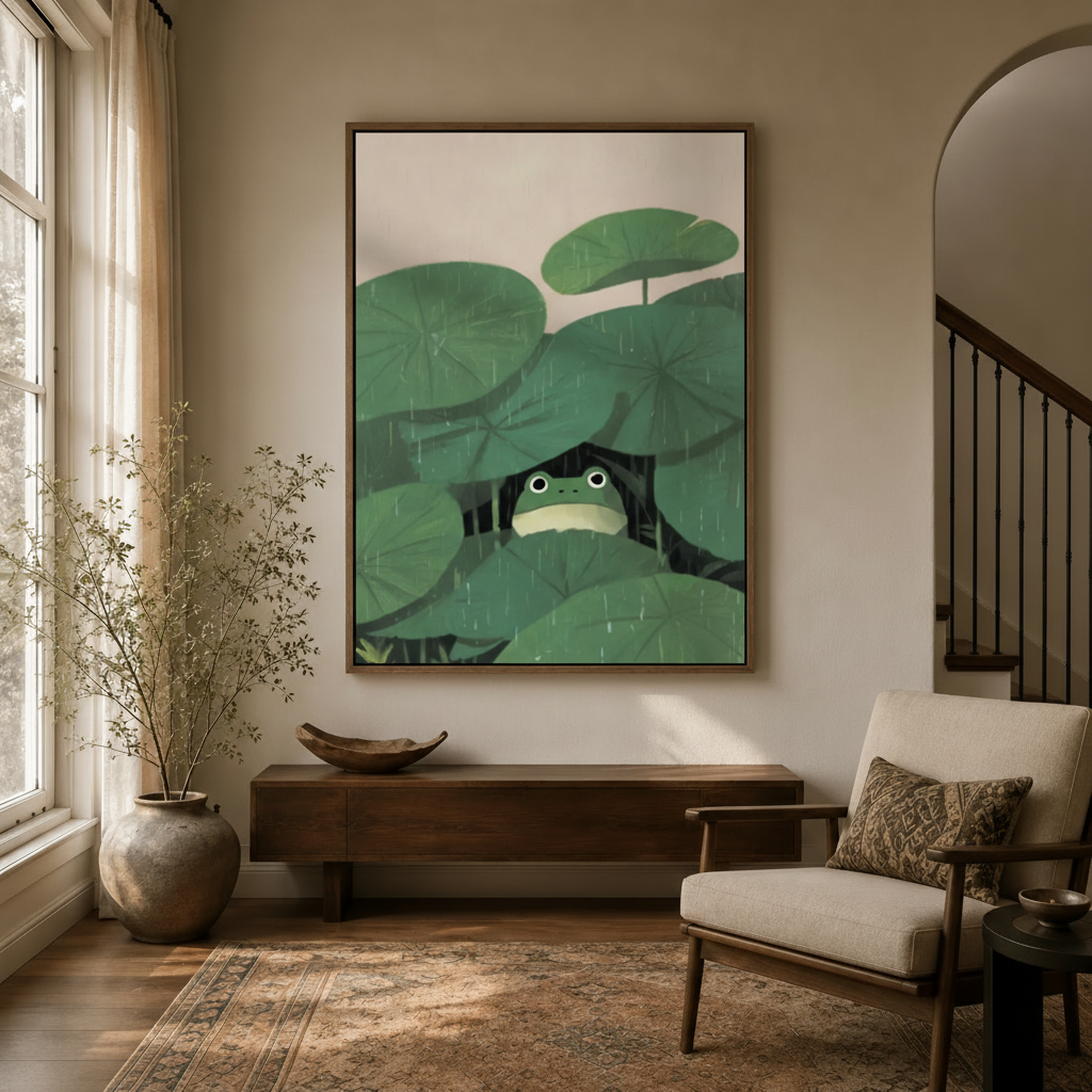 Frog under lotus leaves canvas in walnut float frame displayed in bright modern entryway