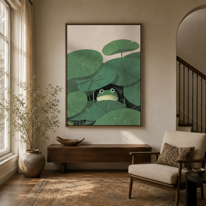 Frog under lotus leaves canvas in walnut float frame displayed in bright modern entryway