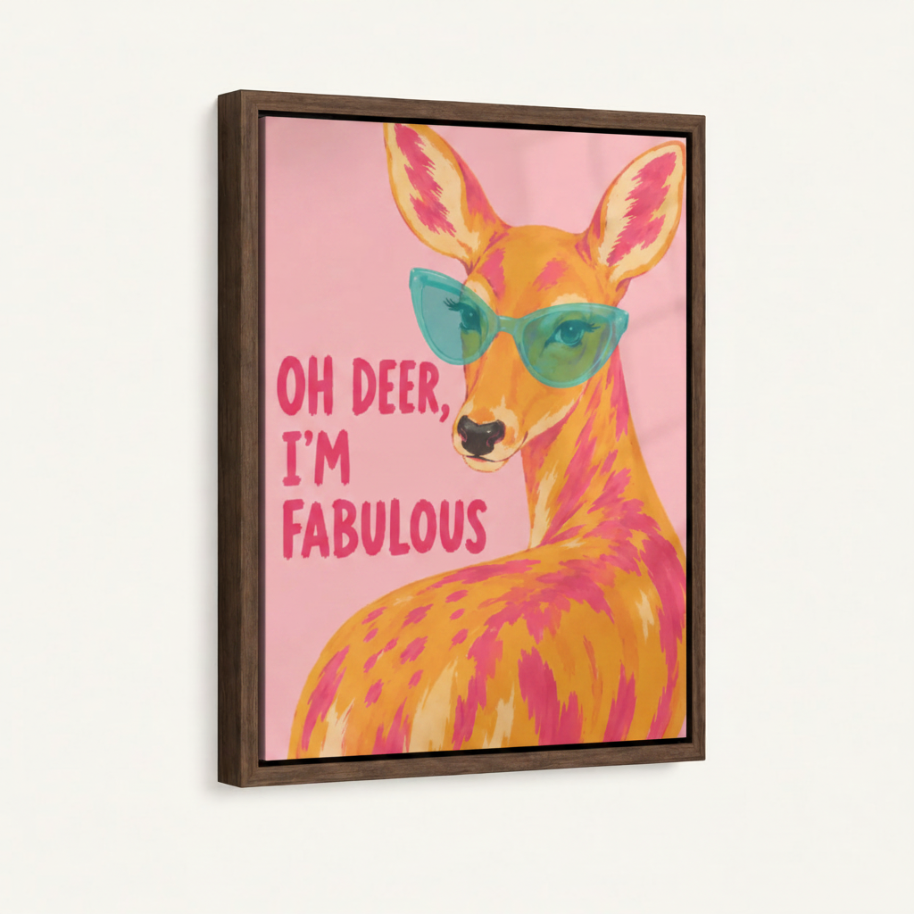 Oh Deer I'm Fabulous framed pop art deer canvas with dark walnut float frame displayed at angle on clean white background