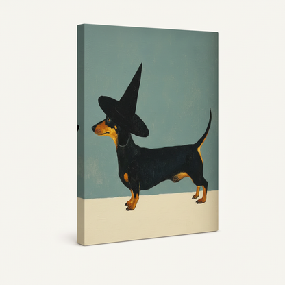 Gallery-wrapped dachshund witch hat canvas showing side wrap edges, clean white studio background