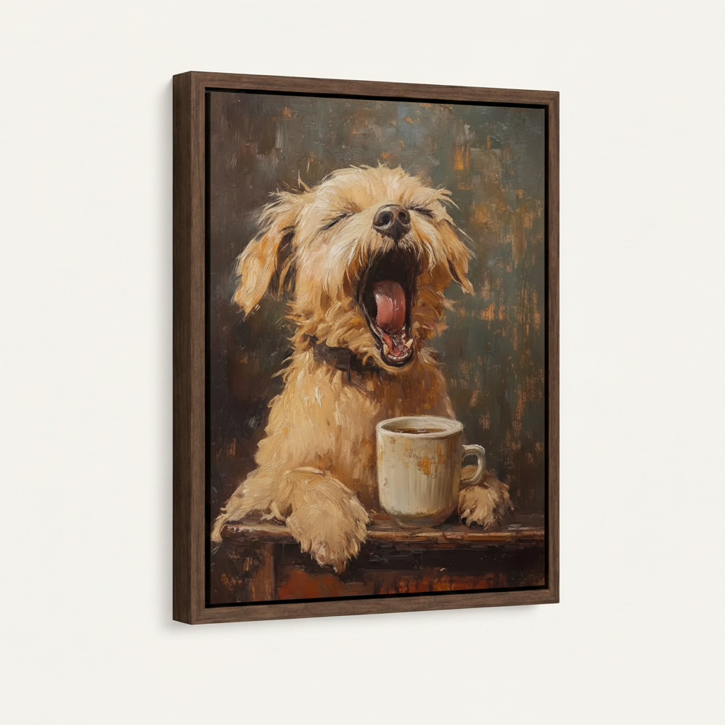 Yawning golden terrier canvas in dark walnut float frame shown in left-tilting product view