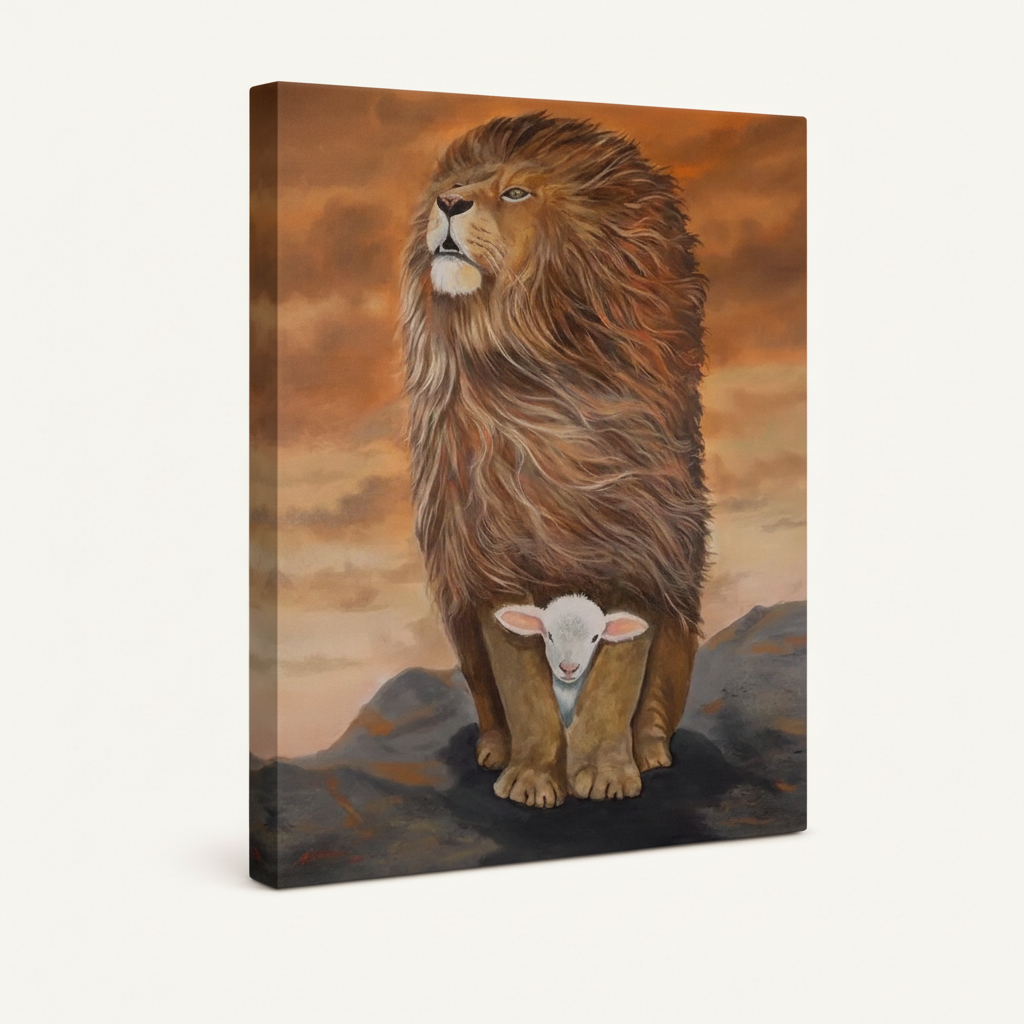 Gallery-wrapped canvas of lion and lamb realistic painting, side view showing canvas depth and texture