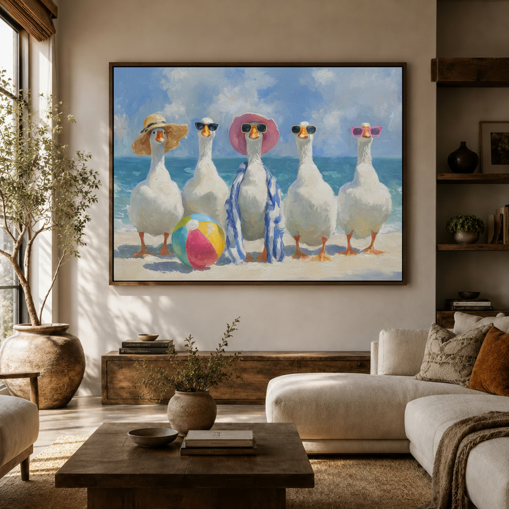 Five geese in sunglasses coastal impasto canvas wall art above console in bright Japandi living room