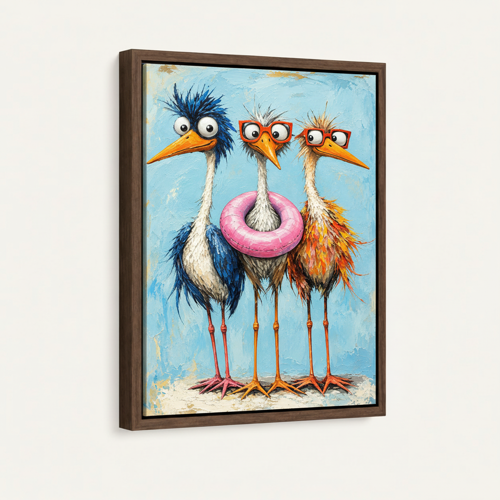 Framed whimsical bird trio print in walnut floating frame hanging on off-white wall