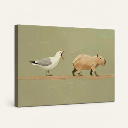 Gallery-wrapped funny animal minimalist canvas print with sage green wrap edges shown at angle