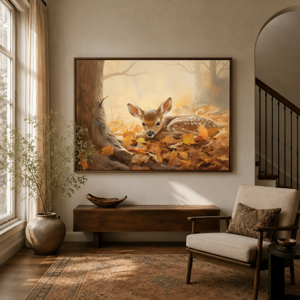 Framed baby deer autumn woodland canvas wall art in bright entryway with staircase and armchair