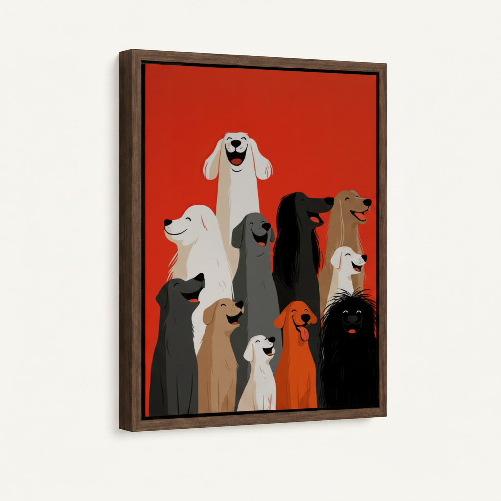 Framed happy dogs illustration canvas print red background dark walnut floating frame