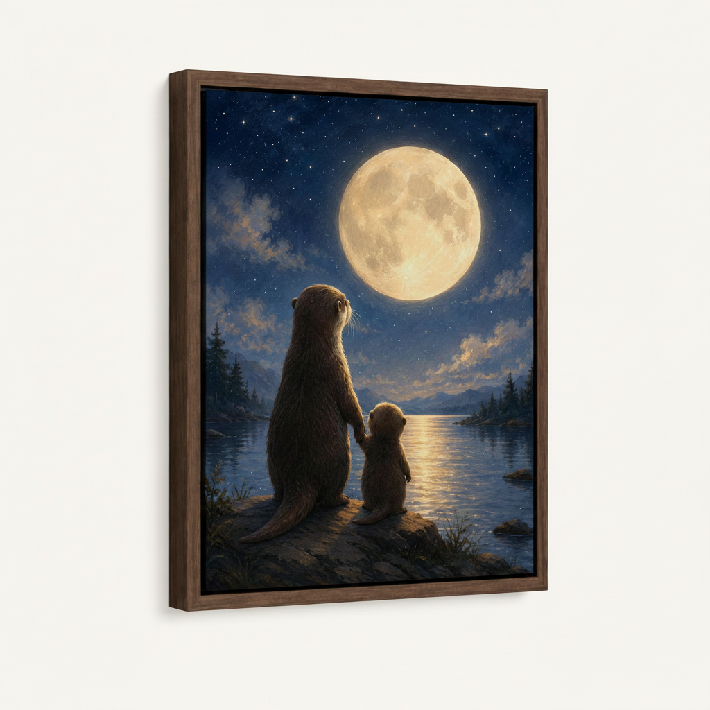 Dark walnut framed otter canvas print on white background, angled product mockup view