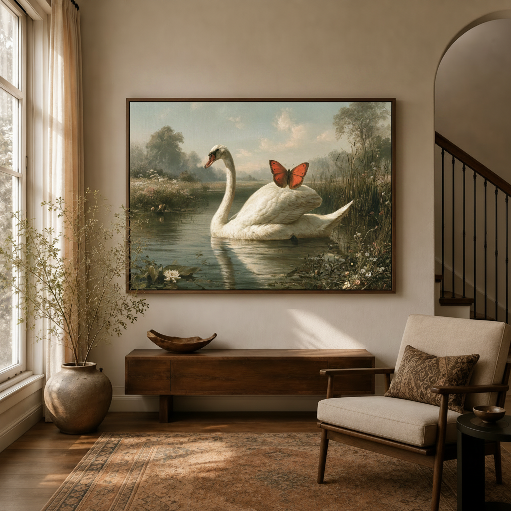 Framed classical swan butterfly lake canvas wall art above sideboard in warm modern entryway sitting room