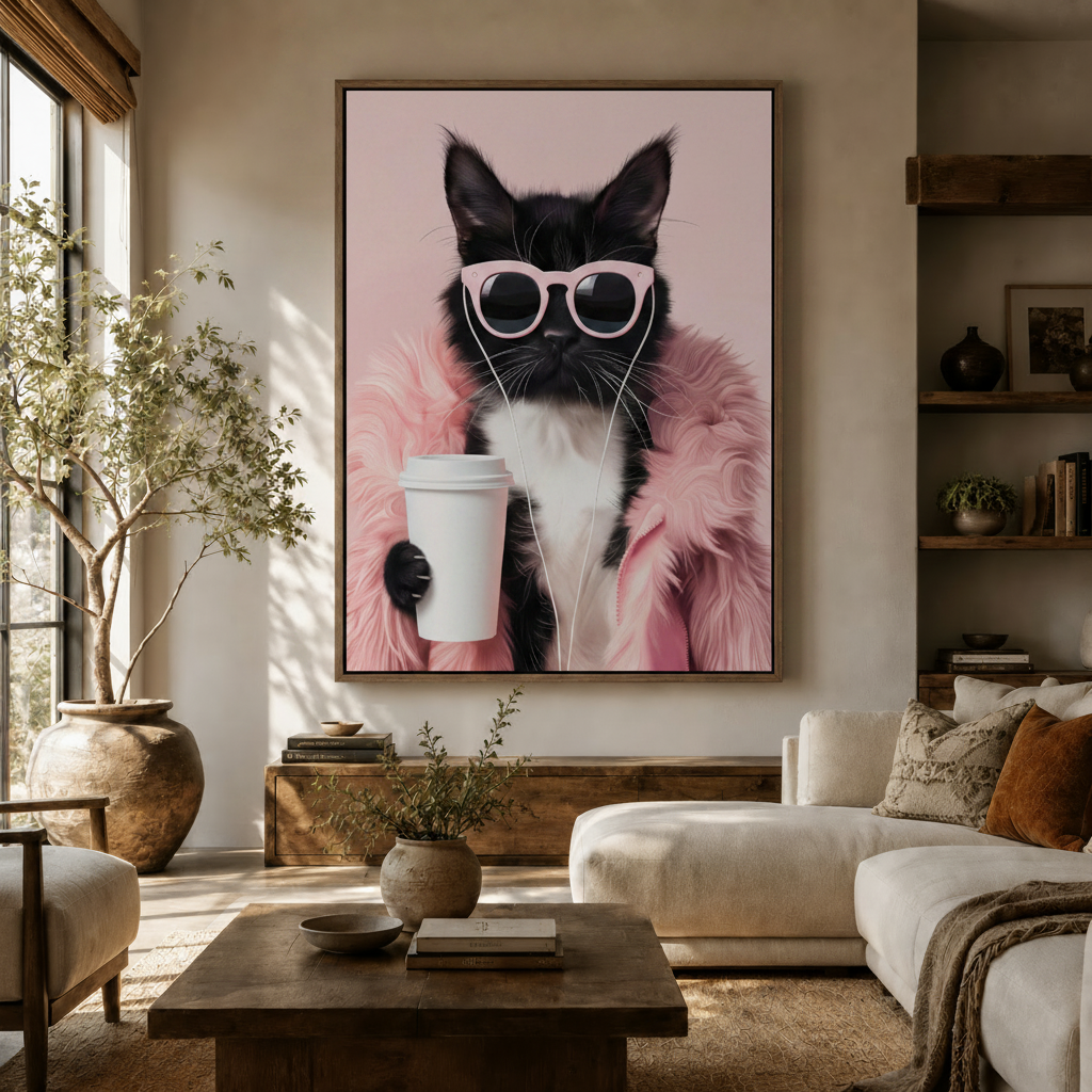 Large pink cat illustration canvas art in walnut float frame displayed in bright boho living room with olive tree