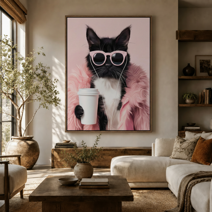 Large pink cat illustration canvas art in walnut float frame displayed in bright boho living room with olive tree