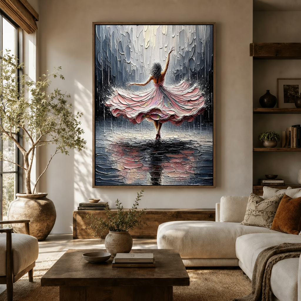 Abstract rain dancer canvas print framed in wood hanging above a white sofa in a boho living room