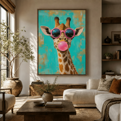 Funny giraffe bubble gum art print in thin wood float frame hung in a bright airy living room