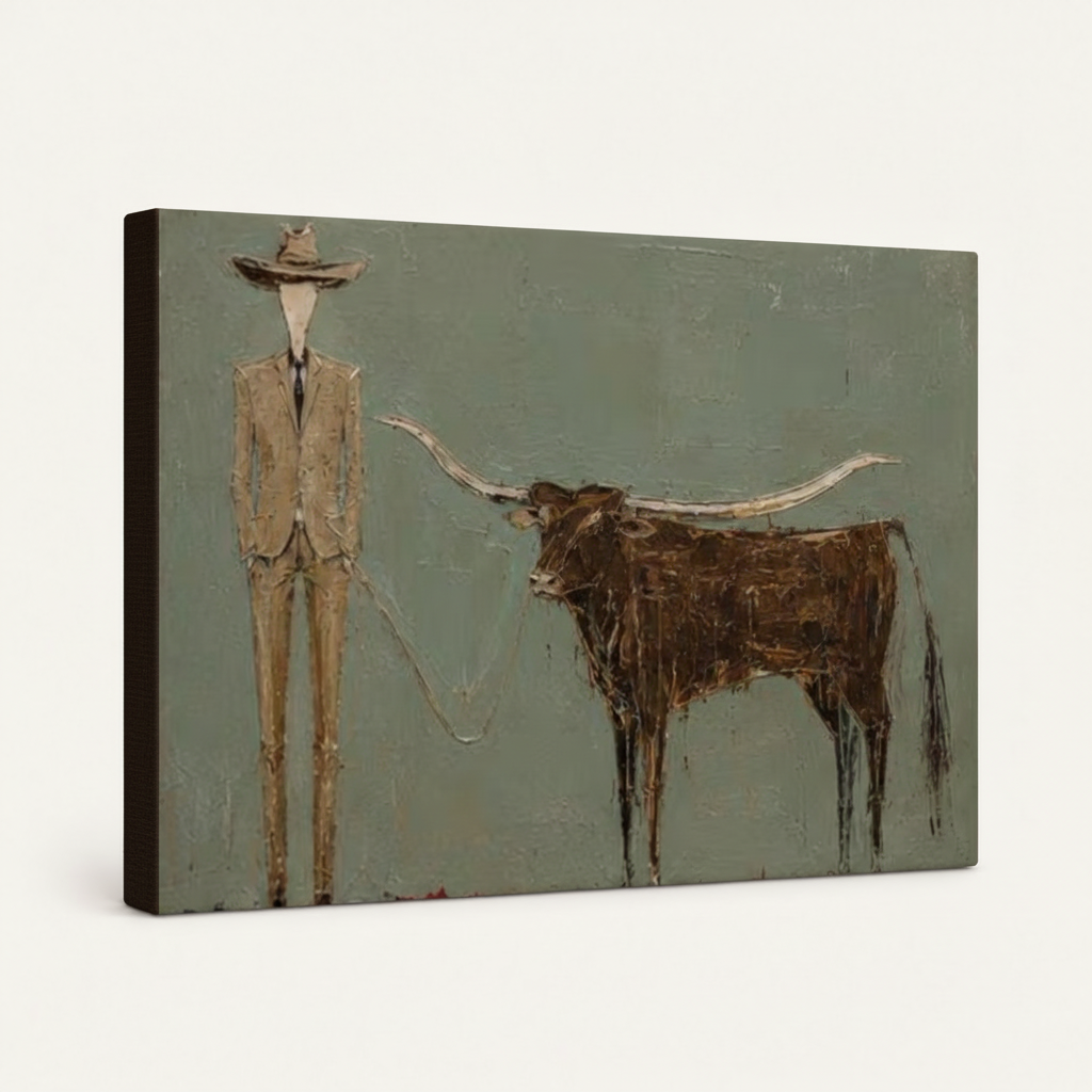 Gallery-wrapped canvas print of western expressionist cowboy art, thick wrap side view on white background