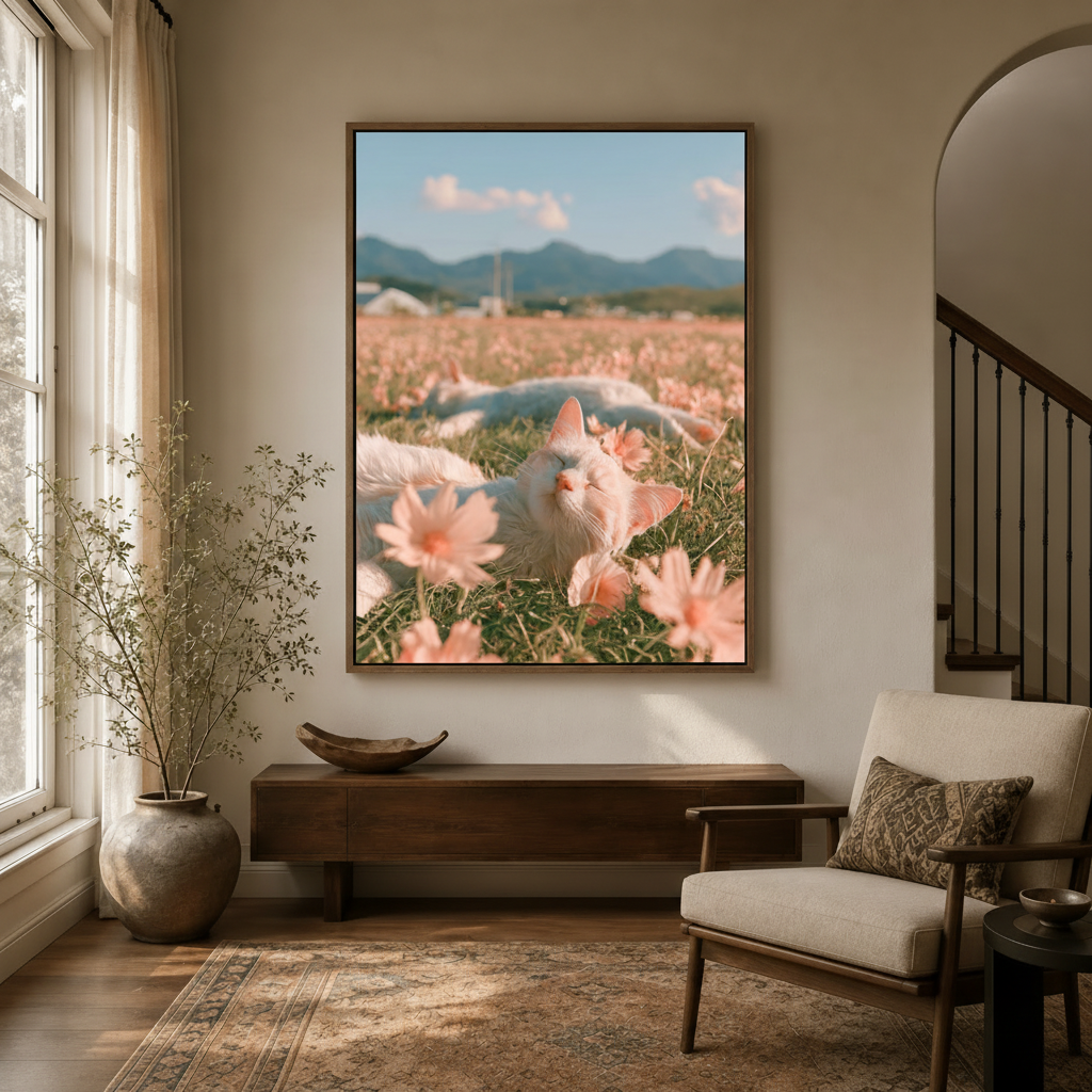 White cat pink flower field canvas print displayed in bright entryway foyer with arched doorway