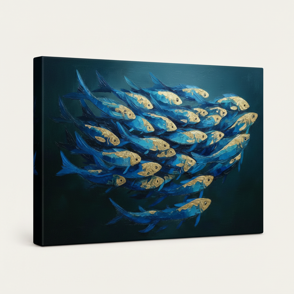 Ocean fish school gallery-wrapped canvas impasto art angled side view on white background