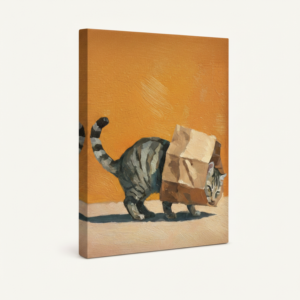 Gallery wrapped paper bag cat canvas art angled shot showing warm amber wrap edges and side depth