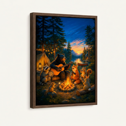 Whimsical campfire bear canvas in dark walnut float frame front view product shot
