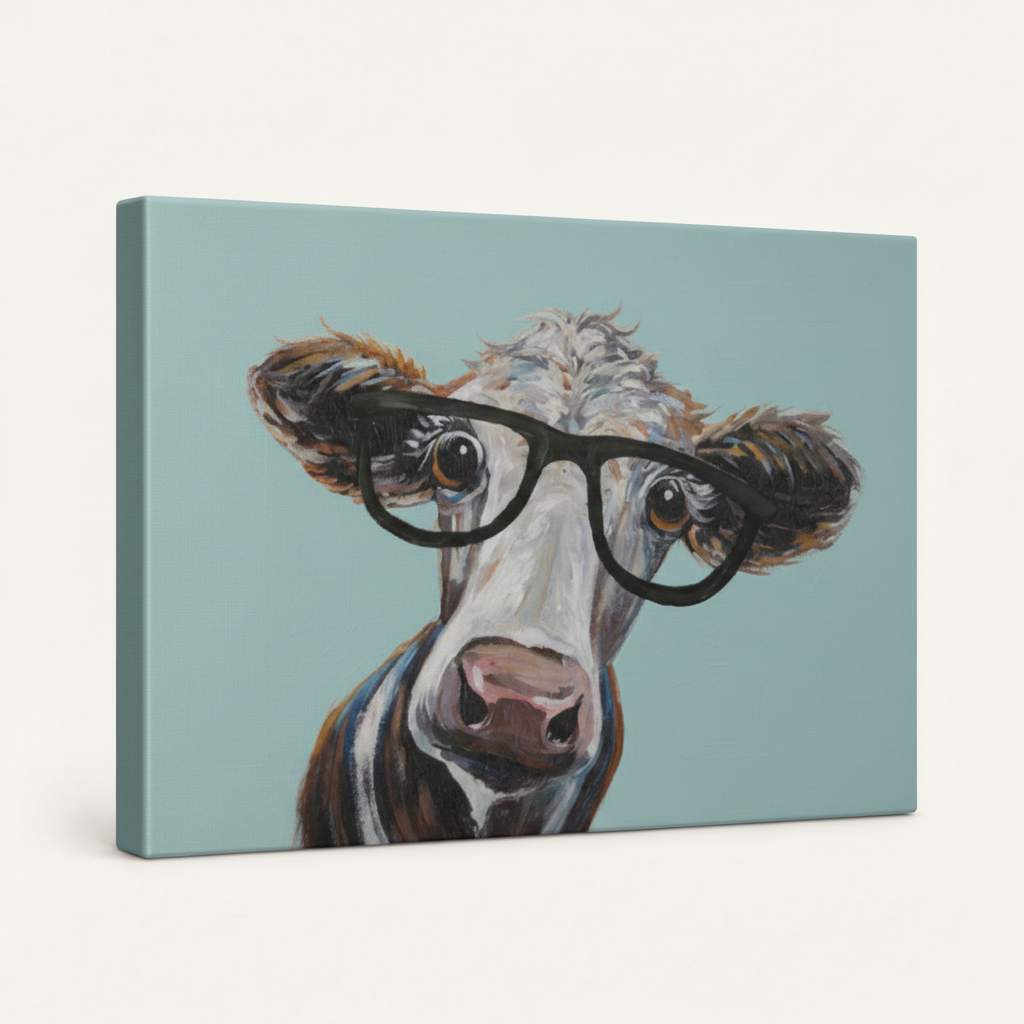 Angled gallery-wrapped cow canvas showing expressive brushwork across frameless edges