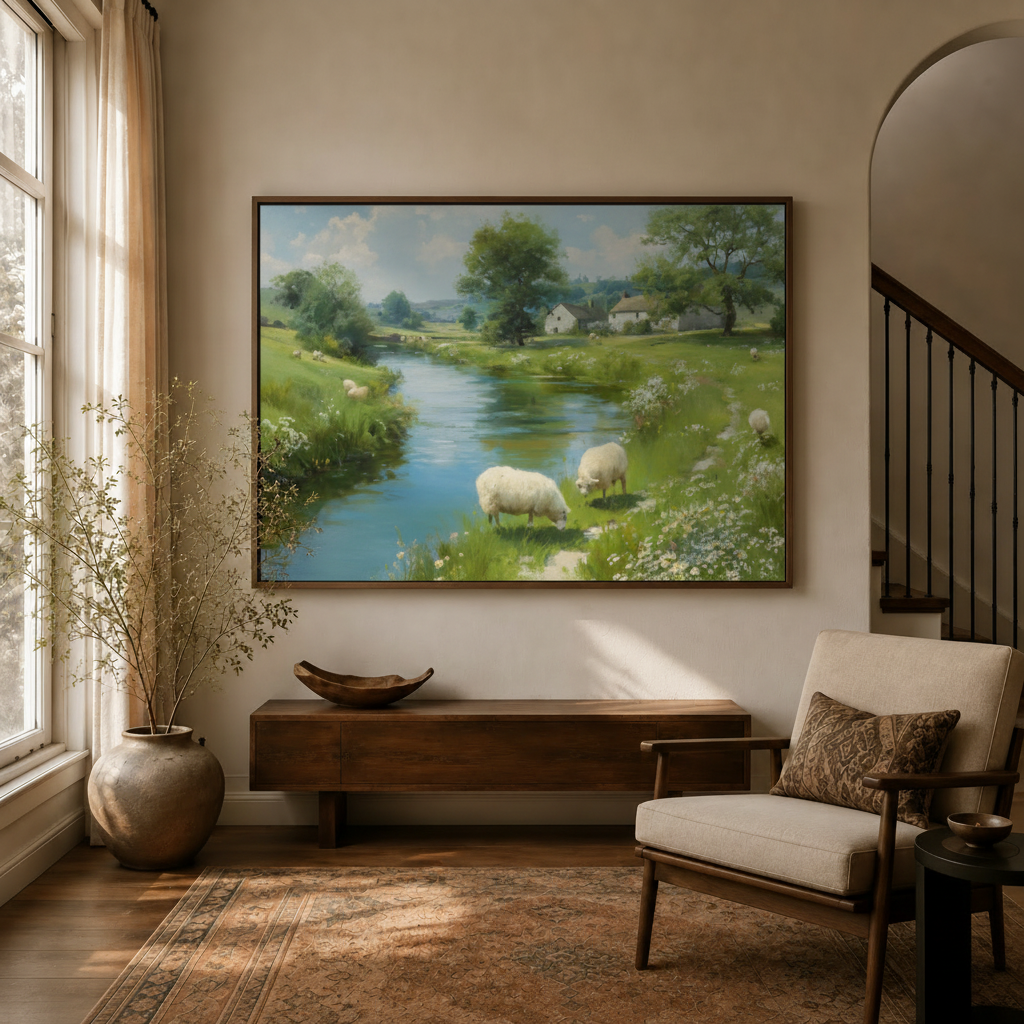 Framed English countryside sheep pastoral canvas wall art above sideboard in warm modern entryway sitting room