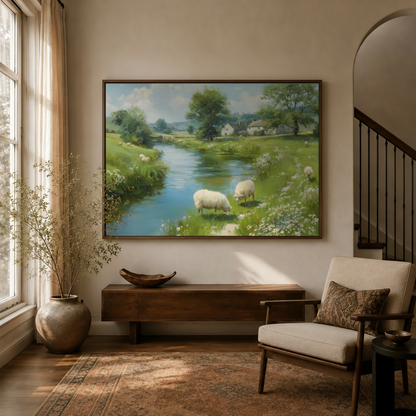 Framed English countryside sheep pastoral canvas wall art above sideboard in warm modern entryway sitting room