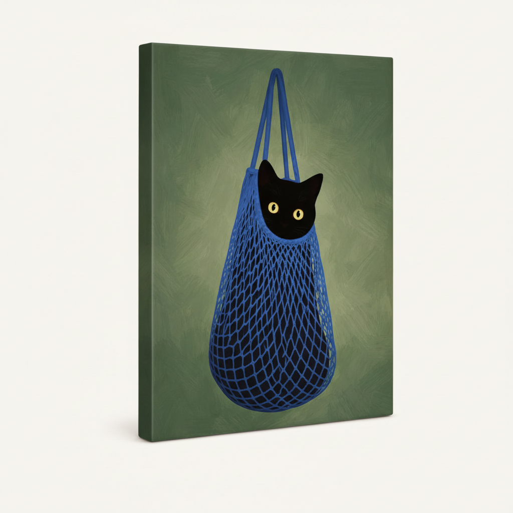 Gallery-wrapped black cat canvas showing side depth, frameless contemporary wall art