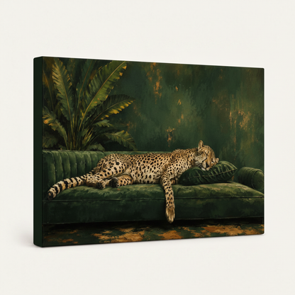 Gallery-wrapped cheetah canvas wall art product mockup on white background showing canvas depth and side edge