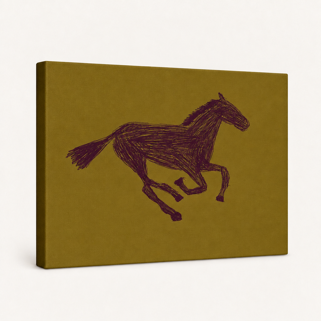 Gallery-wrapped horse sketch canvas print shown at a slight side angle on a plain white background