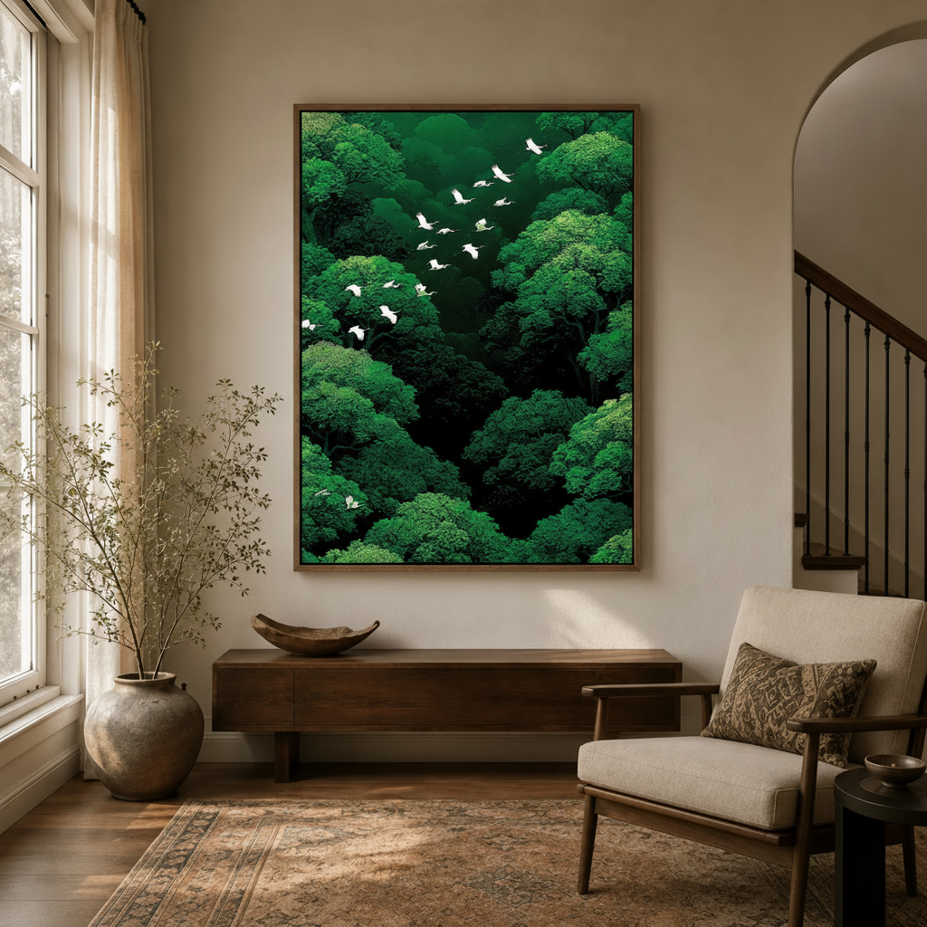White egrets forest Nihonga canvas in walnut frame displayed in bright entryway above console