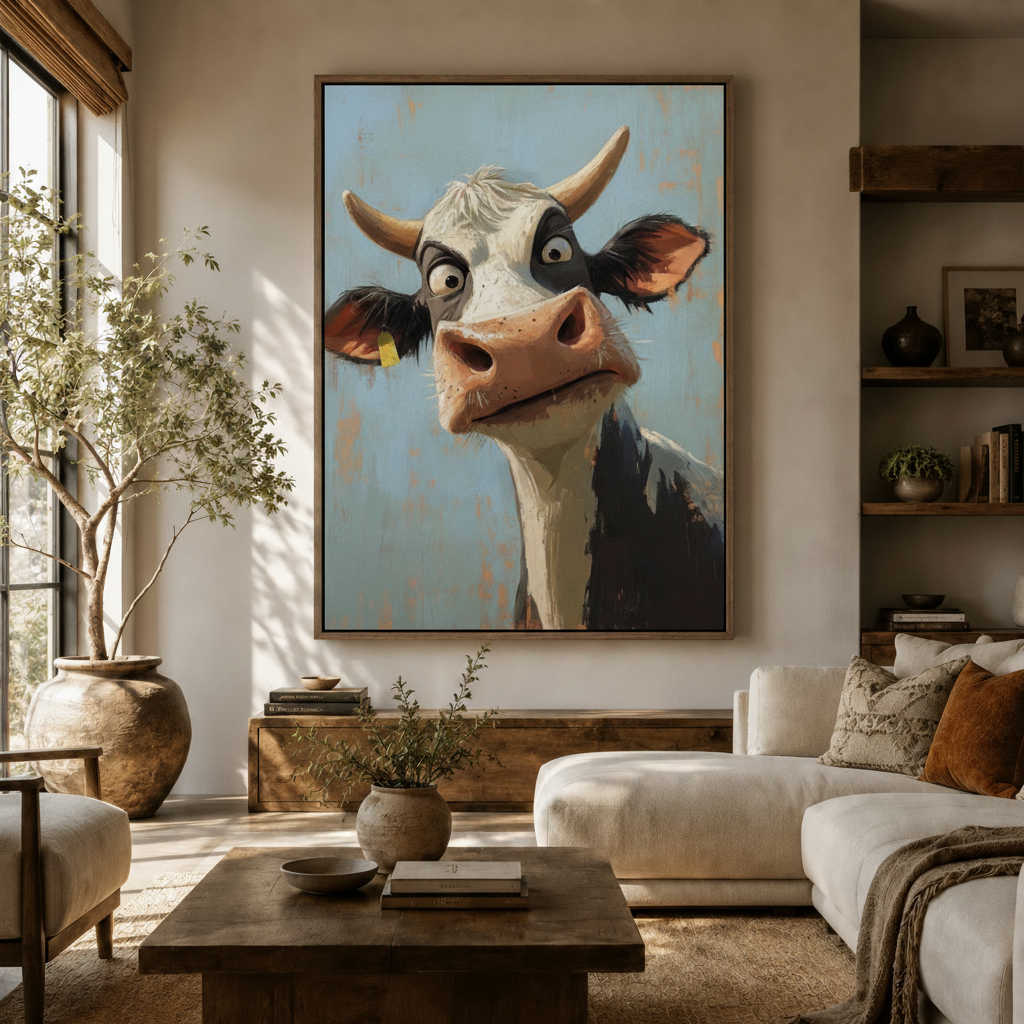 Funny cow portrait caricature canvas wall art above sideboard in bright modern living room with olive tree and white sofa