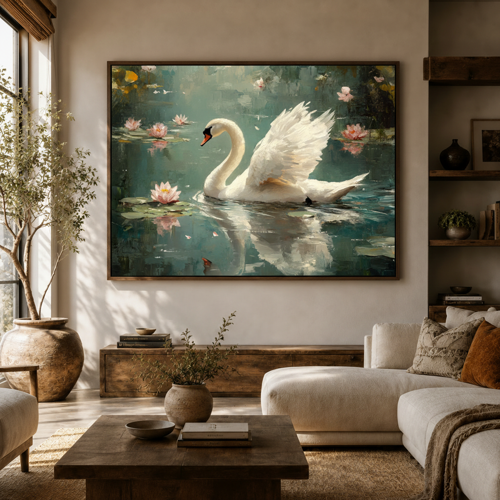 White swan pink lotus pond impressionist canvas wall art above console in bright Japandi living room