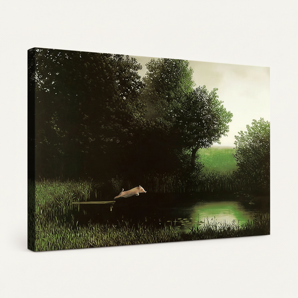 Gallery-wrapped dark forest pond canvas print shown at an angle on white background
