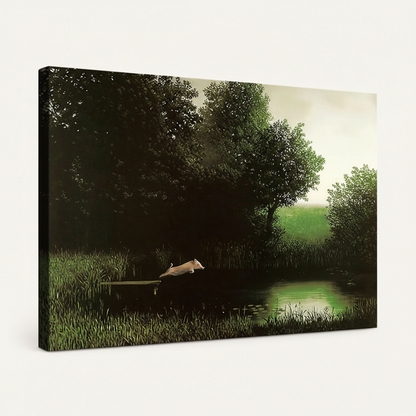 Gallery-wrapped dark forest pond canvas print shown at an angle on white background
