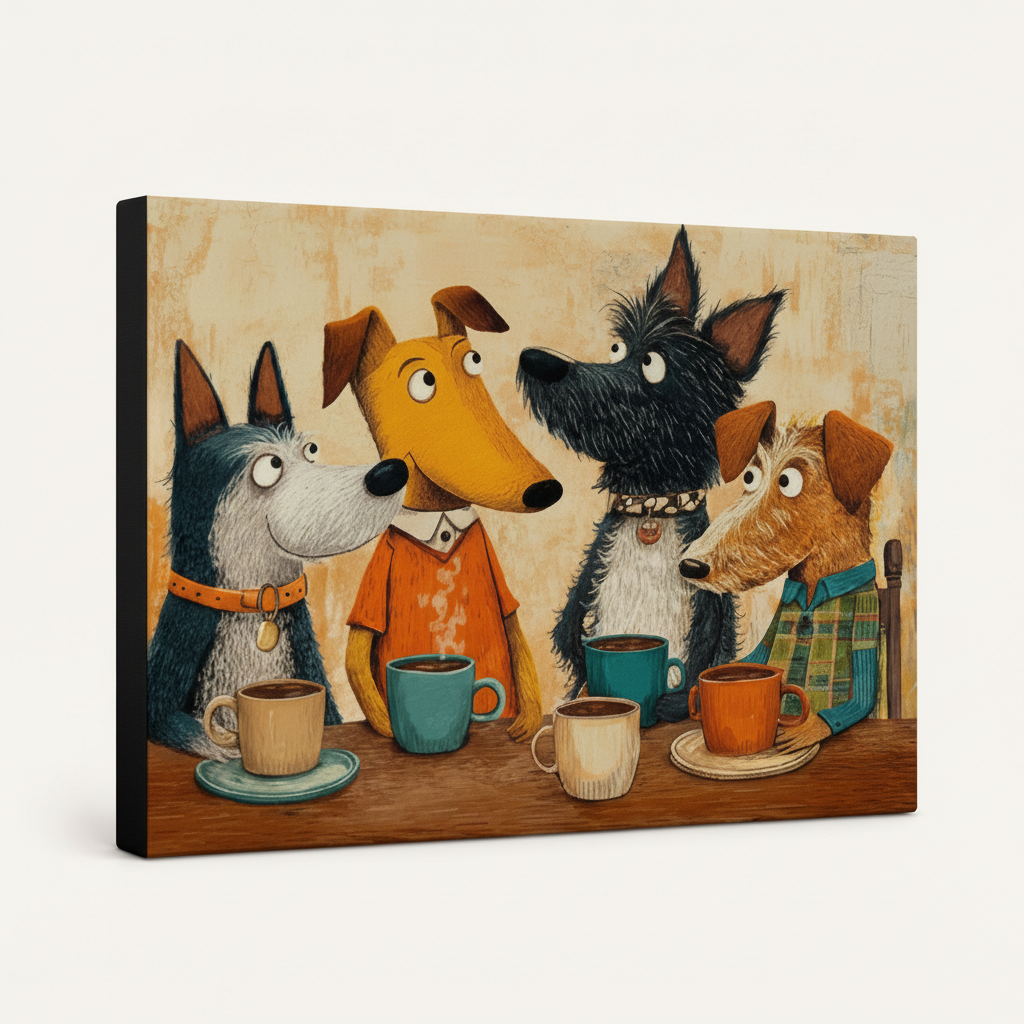 Gallery-wrapped cartoon dog coffee canvas side-angle product view on white background