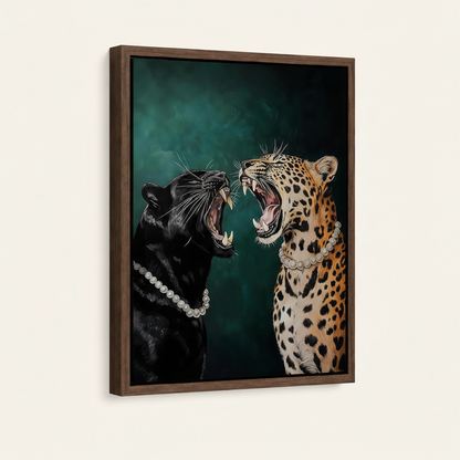 Fashion illustration leopard canvas in dark walnut float frame on white background