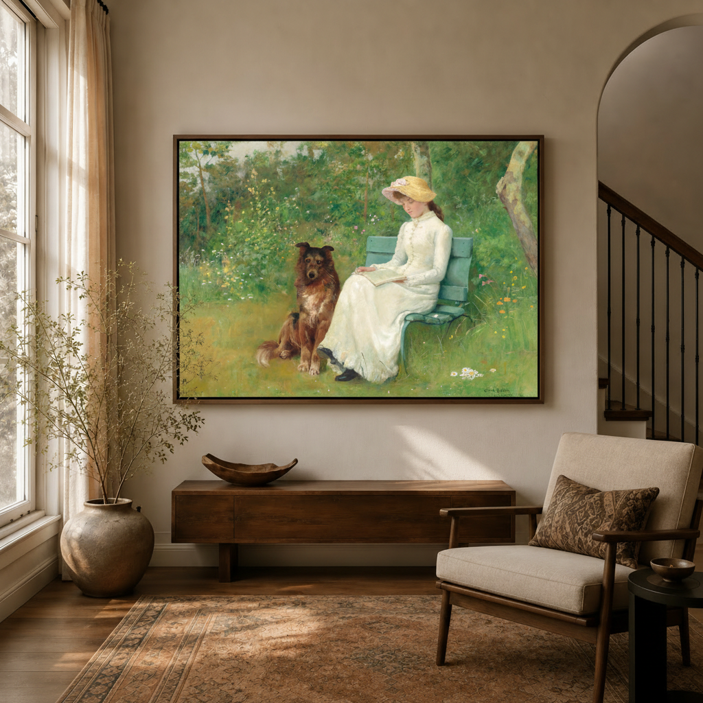 Framed Victorian reading girl garden scene classical canvas in bright entryway with staircase and console table