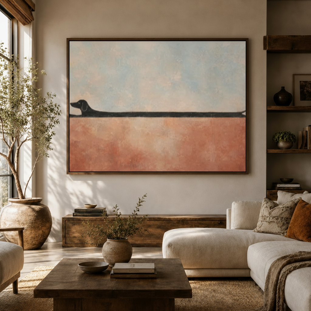 Long dachshund abstract canvas framed art above sideboard in modern neutral living room white sofa olive tree