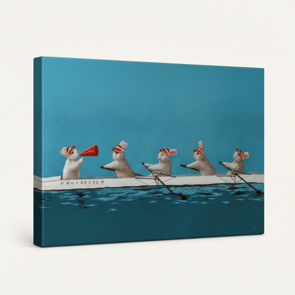 Gallery-wrapped rowing rabbits canvas wall art product mockup on white background side view