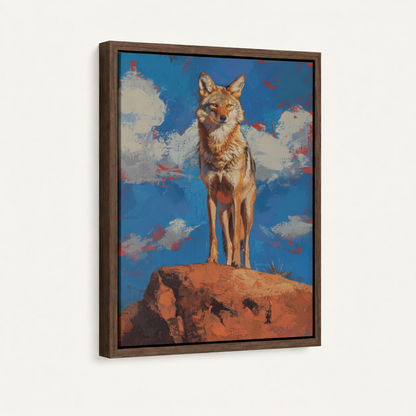 Western coyote desert painting in dark walnut float frame canvas, right angle product view white background