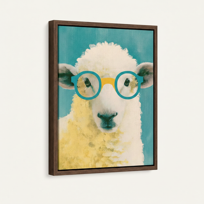 Framed canvas print of a whimsical sheep portrait in dark walnut float frame