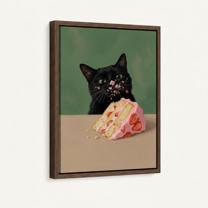 Framed funny black cat canvas print shown at 3/4 angle in dark walnut float frame on cream background