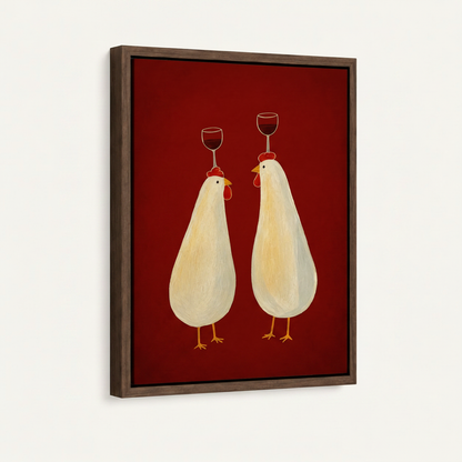 Chickens wine folk art canvas print in dark walnut floating frame front view on clean white background